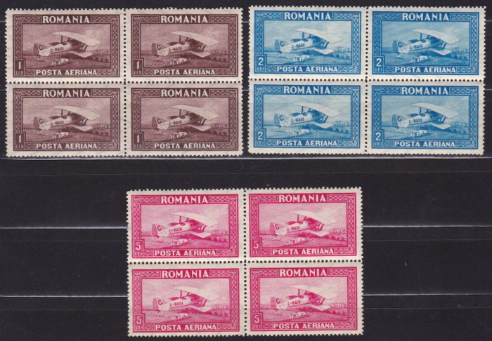ROMANIA 1928 LP 80 a C. RAIU FILIGRAN VERTICAL SERIA IN BLOC DE 4 TIMBRE MNH