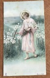 CPISTR8 Iconita Veche Catolica Inger Crini Italia Dedicatie Germana 1939 WW2 / Vintage Italian Catholic Holy Card Angel Lilies German Text 1939