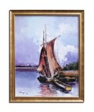 Cumpara ieftin Tablou peisaj velier in Delta Dunarii pictat manual inramat, 55x45cm ulei pe panza, rama din lemn, Geo Ungureanu