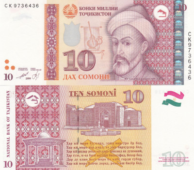 Bancnota Tajikistan 10 Somoni 1999 UNC foto