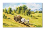 Tablou peisaj celebru pictat manual Car cu boi, 100x60cm ulei pe panza, reproducere Nicolae Grigorescu