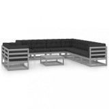 VidaXL Set șezlonguri grădină cu perne, 10 piese, gri, lemn masiv pin 3076971