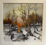 Pictura Noua, Tablou Superb -Iarna Pe Lac-ulei In Pensula Si Cutit, Inramat, Pictor Roman Consacrat