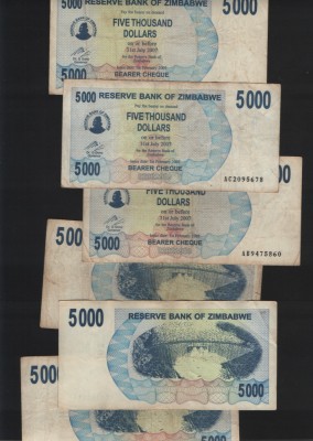 Zimbabwe 5000 dollari dollars 2007 F-VF-XF pret pe bucata foto