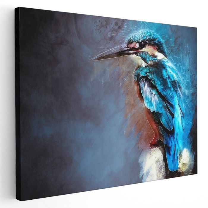 Tablou canvas pictura pasare kingfisher albastru, maro, negru 1188 Tablou canvas pe panza CU RAMA 50x70 cm
