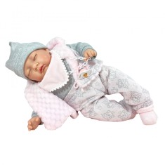Papusa Nines D&#039;Onil Snow nou-nascut cu sunete si ochii inchisi, ambalata in saculet, cu miros de vanilie, 45 cm