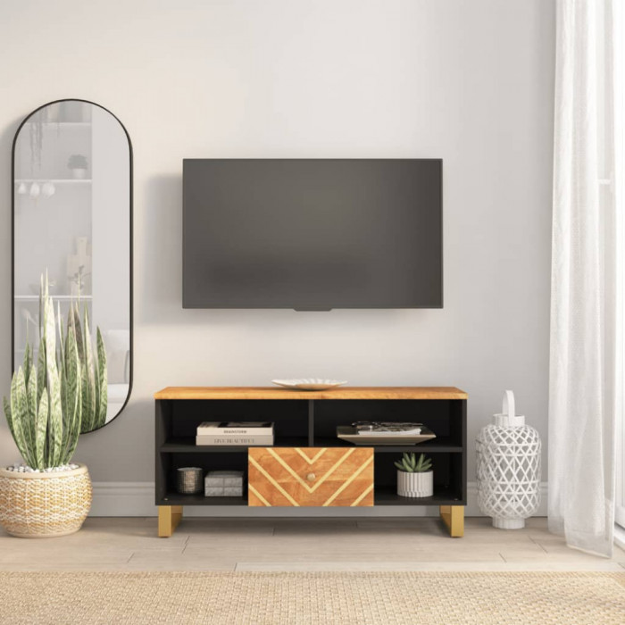 Dulap TV, maro si negru, 100x33,5x46 cm, lemn masiv de mango GartenMobel Dekor