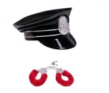 Set casca de politie si catuse cu blana rosie