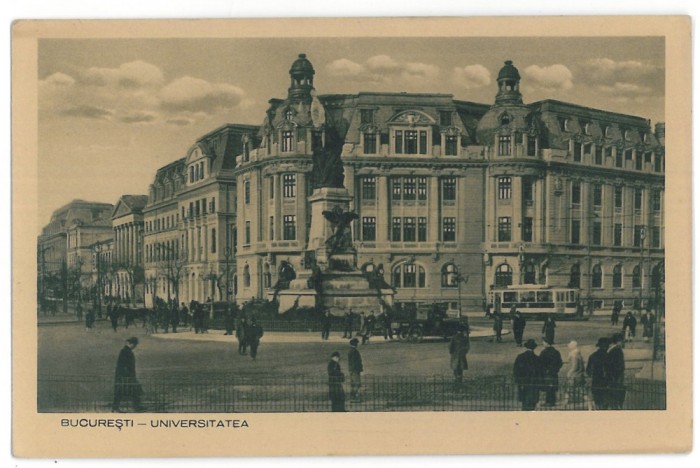 4439 - BUCURESTI University, old car, tramway - old postcard real PHOTO - unused