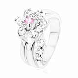 Inel cu braţe netede, floare din zirconii roz şi transparente - Marime inel: 50