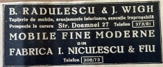 1931 Reclamă rom&acirc;nească Fabrica I. Niculescu &amp; fiu / mobila fina / Bucuresti interbelic Str Doamnei Nr 27 Magazin B. RADULESCU &amp; J. WIGH industrie