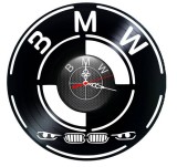 Ceas de perete decorativ realizat din disc de vinil, Model Emblema BMW si Faruri Agresive, Negru, 30 cm