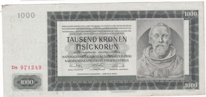 BOHEMIA BOEMIA SI MORAVIA 1000 COROANE KORUN 1942 aVF