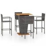 Set mobilier bar grădină vidaXL, 5 piese, gri, ratan PE, oțel, lemn acacia, 80x80x110 cm