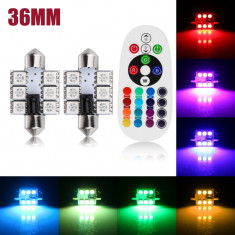 Set Becuri LED SOFIT 6 SMD 36MM Lumina Ambientala Auto, Multicolor RGB cu Telecomanda si Intensitate Reglabila foto