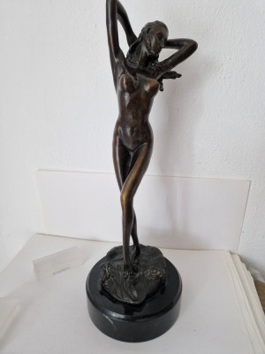 Statueta Art-Nouveau -Nud-Bronz pe Soclu de Marmura - Semnata Indescifrabil foto