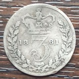 (A352) MONEDA DIN ARGINT ANGLIA - 3 PENCE 1861, REGINA VICTORIA, DEFORMATA, Europa