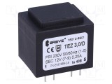 Transformator &icirc;ncapsulat 3VA 230VAC 12V 250mA PCB IP00 BREVE TUFVASSONS