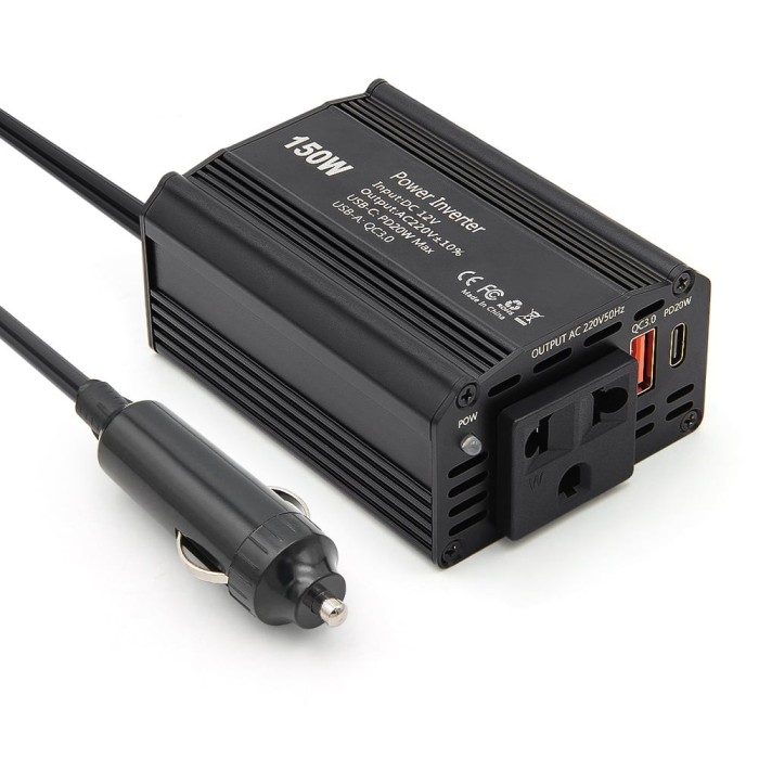 Invertor de Putere Auto Techstar&reg; 150W - 12V DC la 220V AC, cu Porturi USB-C si USB-A pentru Incarcare Rapida