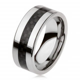 Verighetă tungsten argintie, cu dungă centrală neagră, grilă - Marime inel: 57