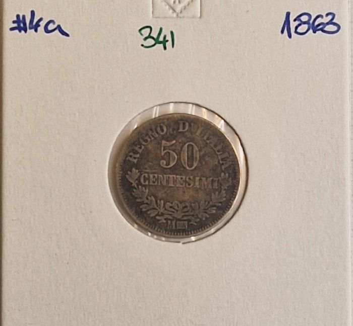 341 Italia, Italy, 50 Centesimi - Victor Emmanuel II 1853, KM#4a, argint