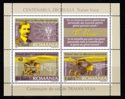 ✅RO 2006 LP 1712b &amp;quot; Centenarul zborului Traian Vuia &amp;quot;,bloc 3M+1V,colita 370,,MNH foto