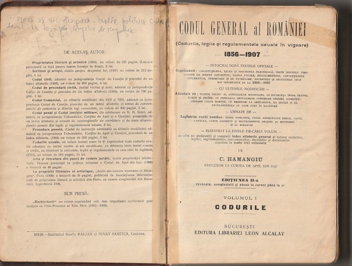 C. HAMANGIU - CODUL GENERAL AL ROMANIEI VOL I + II + III -CODURILE + LEGI UZUALE