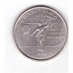 Moneda SUA 25 centi/quarter dollar 1999 D Pennsylvania 1787, stare buna, curata