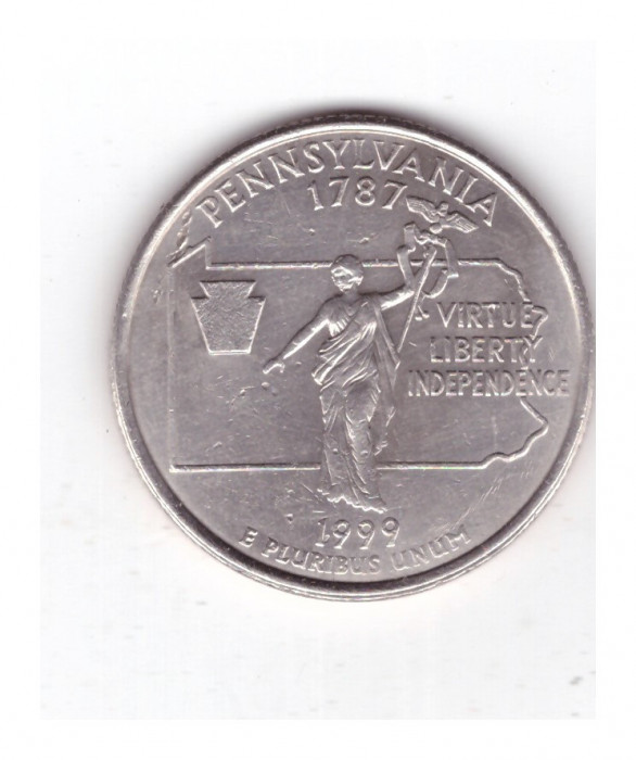 Moneda SUA 25 centi/quarter dollar 1999 D Pennsylvania 1787, stare buna, curata