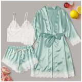 Set Pijama de Dama 3 Piese Verde din Satin