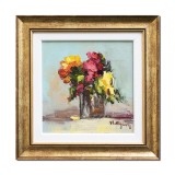 Tablou inramat pictat manual, Vaza cu crizanteme, parfum de sarbatoare, 30x30cm ulei pe panza in cutit efect 3D, Geo Ungureanu
