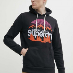 Superdry bluza barbati, culoarea negru, cu glugă, cu imprimeu