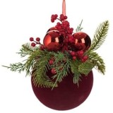 Ornament Brad de Craciun Glob Rosu Catifelat cu Ramura, CMCLASS