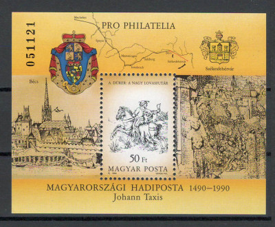 Ungaria 1990 Mi 4118 bl 213 - 500 de ani de conexiuni postale in Europa foto