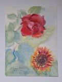 Pictura in acuarela neinramata - flori , semnata din 2004, 18x24 cm, Realism