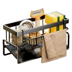 Organizator chiuveta Koken, Suport multifunctional din otel inoxidabil, tava de scurgere, pentru bureti, lavete, detergenti, 23 x 10 x 9 cm, Negru
