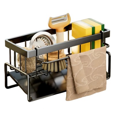 Organizator chiuveta Koken, Suport multifunctional din otel inoxidabil, tava de scurgere, pentru bureti, lavete, detergenti, 23 x 10 x 9 cm, Negru foto