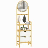 HOMCOM Raft de baie din bambus cu oglindă cu 4 c&acirc;rlige 2 rafturi deschise și 2 sertare din material textil 48,5x30x170 cm Natural | Aosom Romania