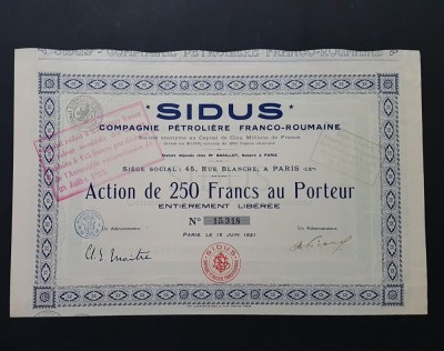 Actiune petrol 1921 soc. SIDUS , actiuni foto