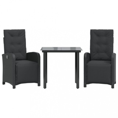 Set bistro cu perne, 3 piese, negru, poliratan foto