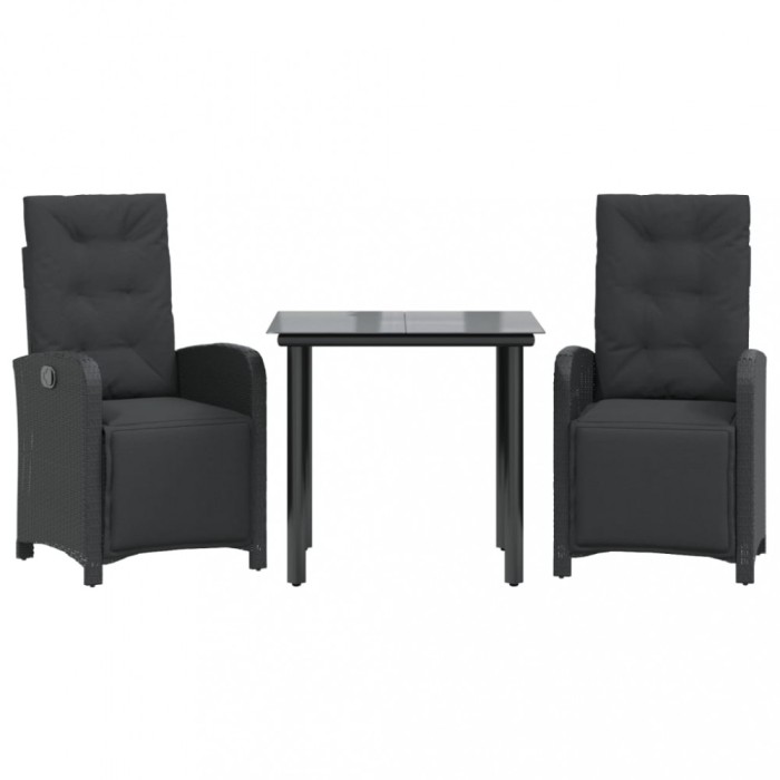Set bistro cu perne, 3 piese, negru, poliratan