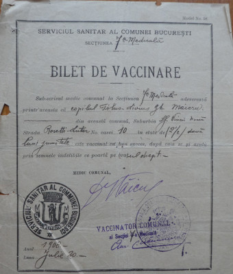 Bilet de vaccinare, 1908 foto