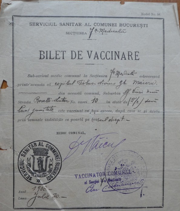 Bilet de vaccinare, 1908