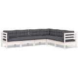Set mobilier de gradina cu perne, 6 piese, alb, lemn masiv pin