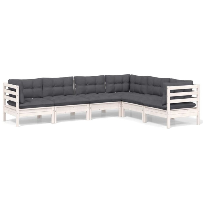 Set mobilier de gradina cu perne, 6 piese, alb, lemn masiv pin