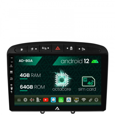 Navigatie Peugeot 308 408 (2008-2013), Android 12, A-Octacore 4GB RAM + 64GB ROM, 9 Inch - AD-BGA9004+AD-BGRKIT265 foto