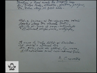 Manuscris/ Poem - Strofe pentru drapel - scris si semnat de Nicolae Crevedia foto