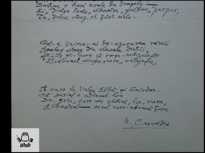 Manuscris/ Poem - Strofe pentru drapel - scris si semnat de Nicolae Crevedia