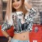 C770B-100 Bluza scurta casual din material vaporos cu print fashion girl si text