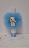 Lumanare de botez (35x6 cm), decorată cu tulle albastru delicat